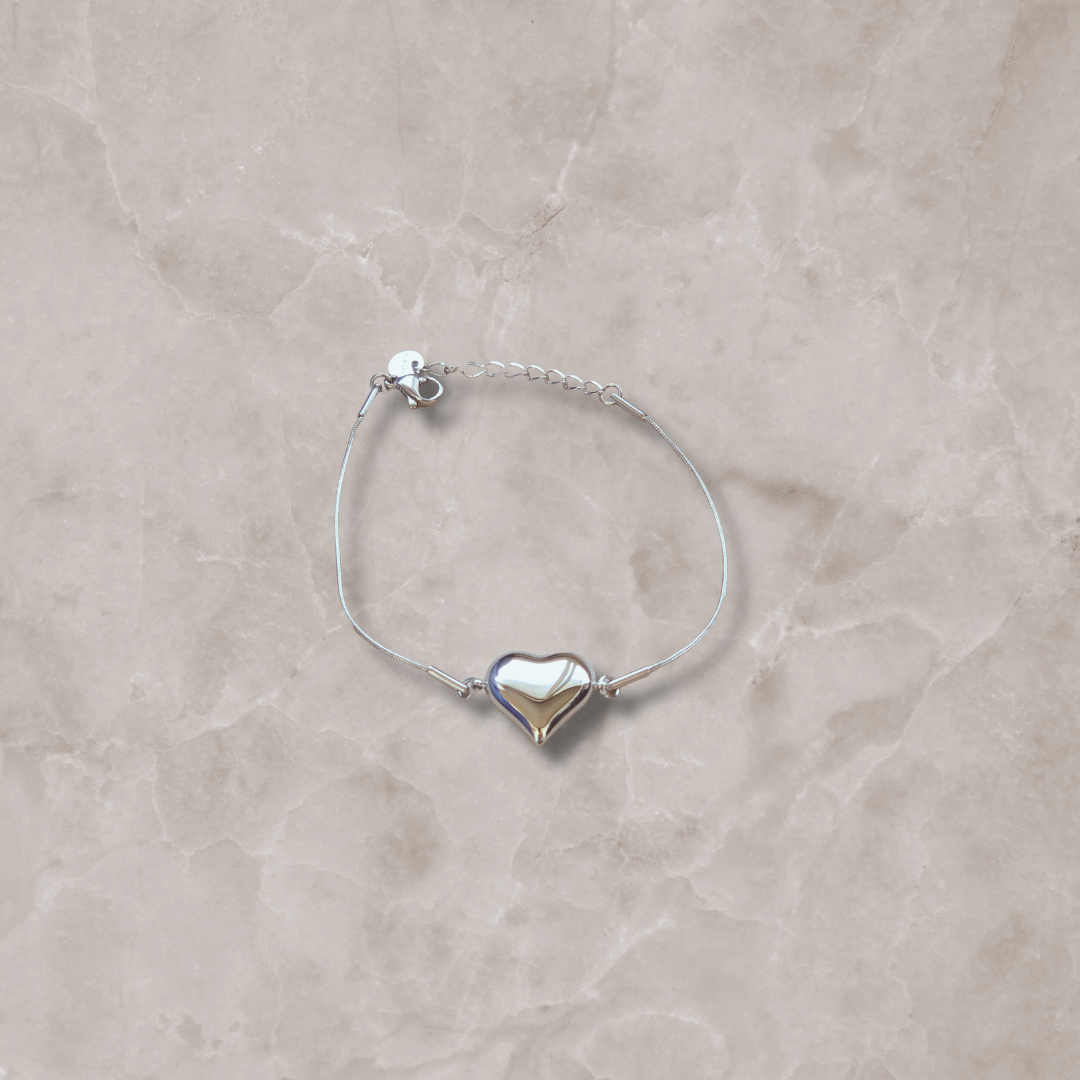 Bracciale in Acciaio Inox con Cuore Bombato - Argento e Oro